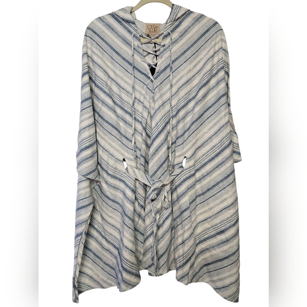 Chaser Striped Hooded Poncho Top w Tie Belt Waist Linen Viscose Blend Sz Small